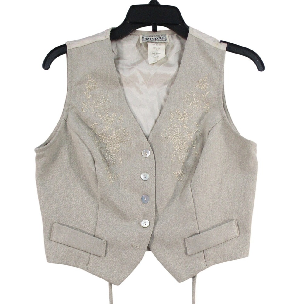 Ecru Vintage Embroidered Waistcoat Vest Beige V-Neck Button Front Medium USA